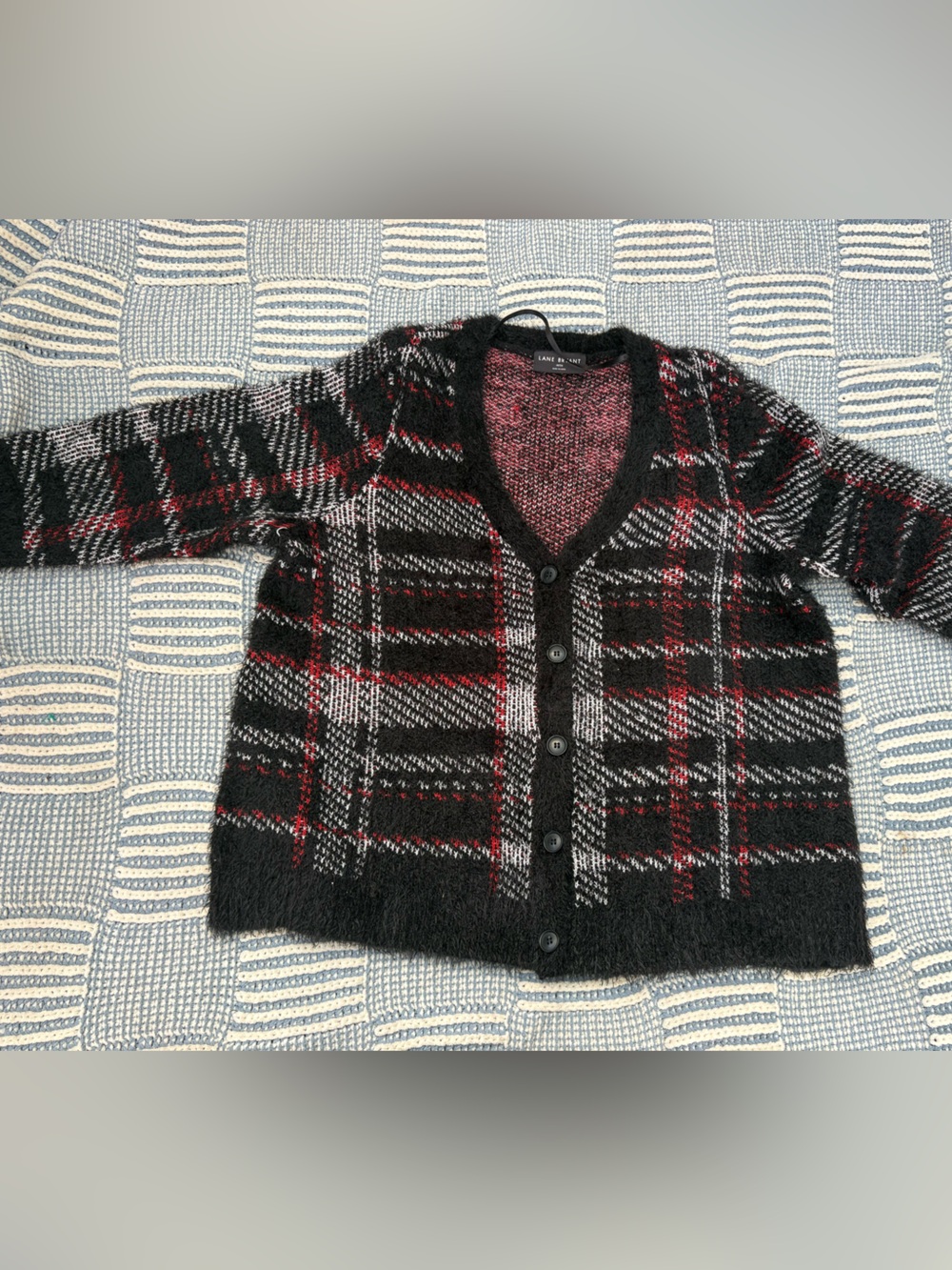 Lane Bryant Black, Red & Gray Plaid Knit Cardigan
